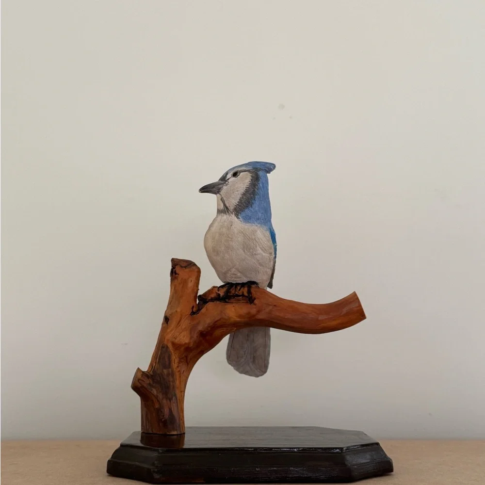 Source Unknown Hand-Painted Blue and White Jay Figurine on Wood Perch